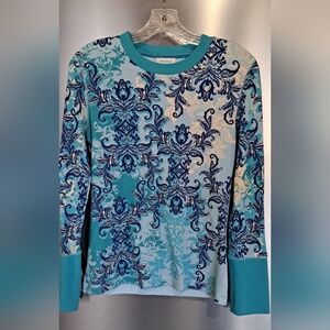 Sundance Top Turquoise Long Sleeve Thermal Waffle Knit Print  Velvet Arm Strip M